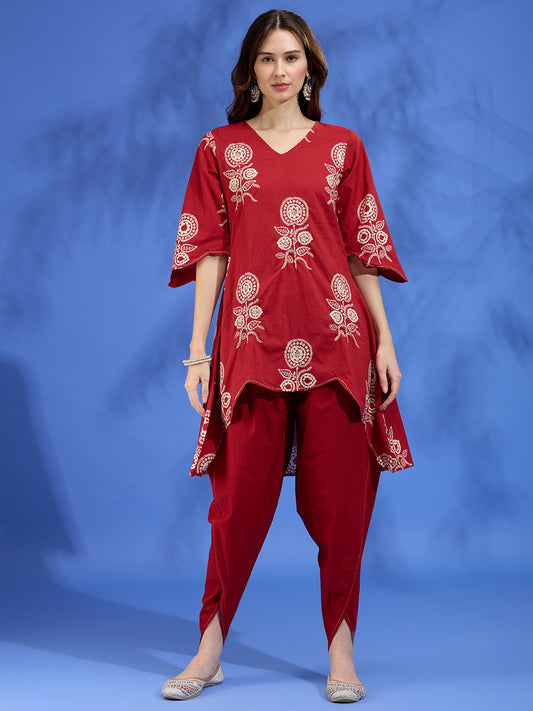 Ethnic Floral Printed Embroidered A-Line High Low Kurta with Dhoti Pant - Maroon