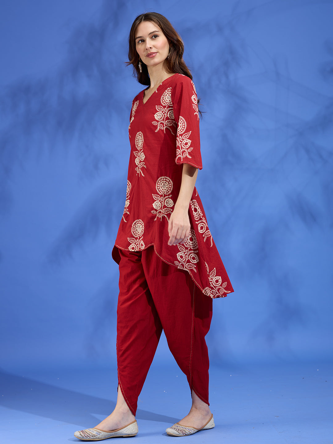 Ethnic Floral Printed Embroidered A-Line High Low Kurta with Dhoti Pant - Maroon