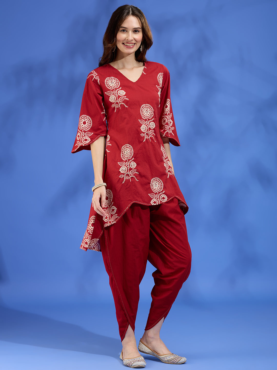 Ethnic Floral Printed Embroidered A-Line High Low Kurta with Dhoti Pant - Maroon