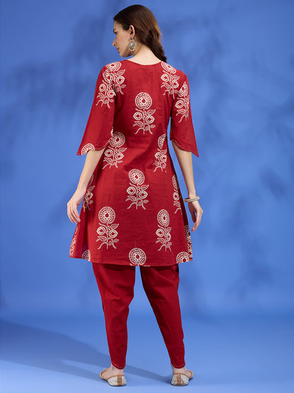 Ethnic Floral Printed Embroidered A-Line High Low Kurta with Dhoti Pant - Maroon