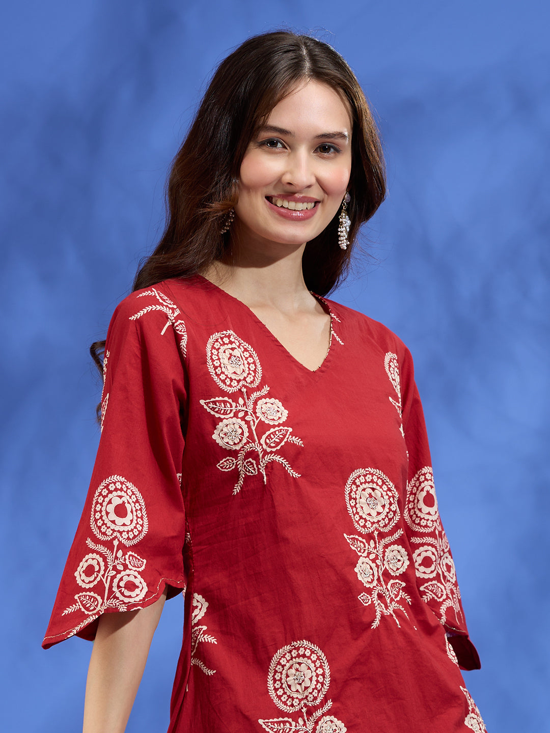 Ethnic Floral Printed Embroidered A-Line High Low Kurta with Dhoti Pant - Maroon