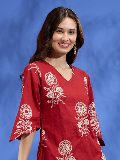 Ethnic Floral Printed Embroidered A-Line High Low Kurta with Dhoti Pant - Maroon
