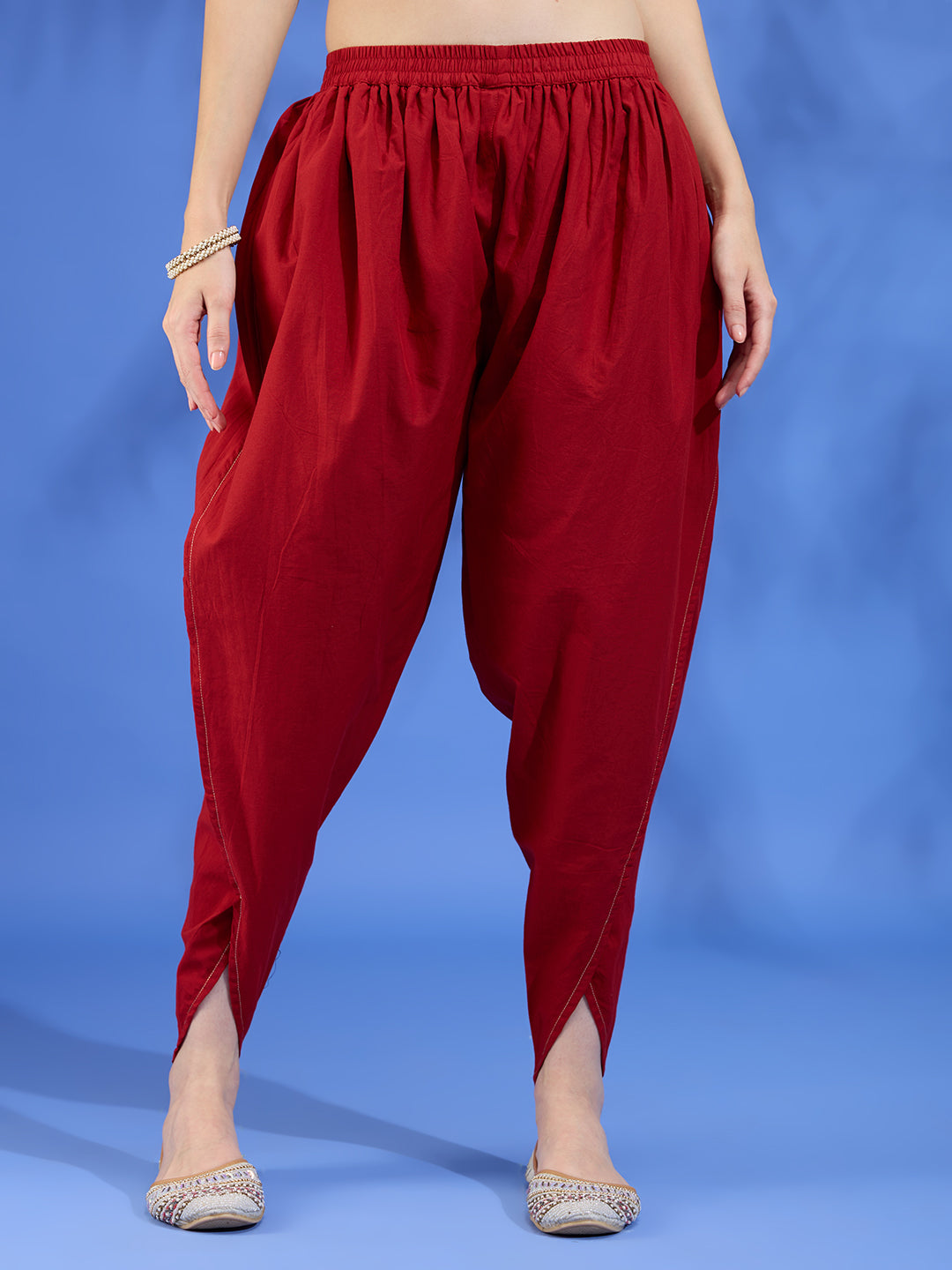 Ethnic Floral Printed Embroidered A-Line High Low Kurta with Dhoti Pant - Maroon