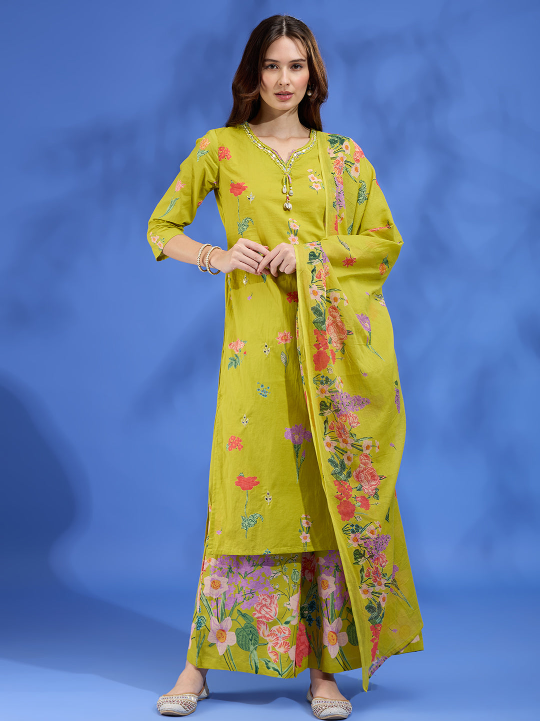 Floral Printed Straight Fit Kurta with Palazzo and Dupatta - Lime Green