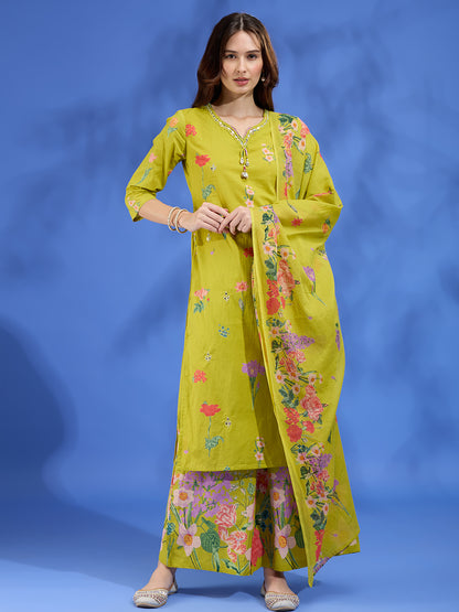 Floral Printed Straight Fit Kurta with Palazzo and Dupatta - Lime Green