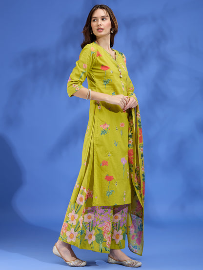 Floral Printed Straight Fit Kurta with Palazzo and Dupatta - Lime Green