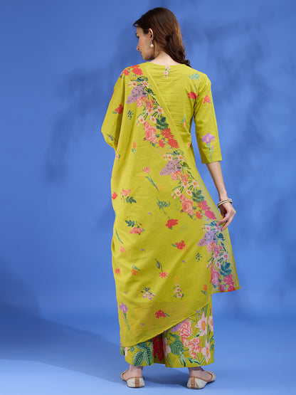 Floral Printed Straight Fit Kurta with Palazzo and Dupatta - Lime Green