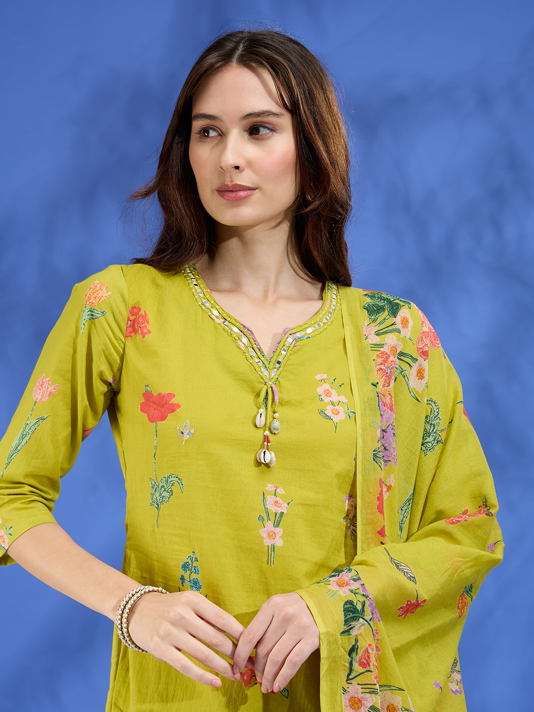 Floral Printed Straight Fit Kurta with Palazzo and Dupatta - Lime Green