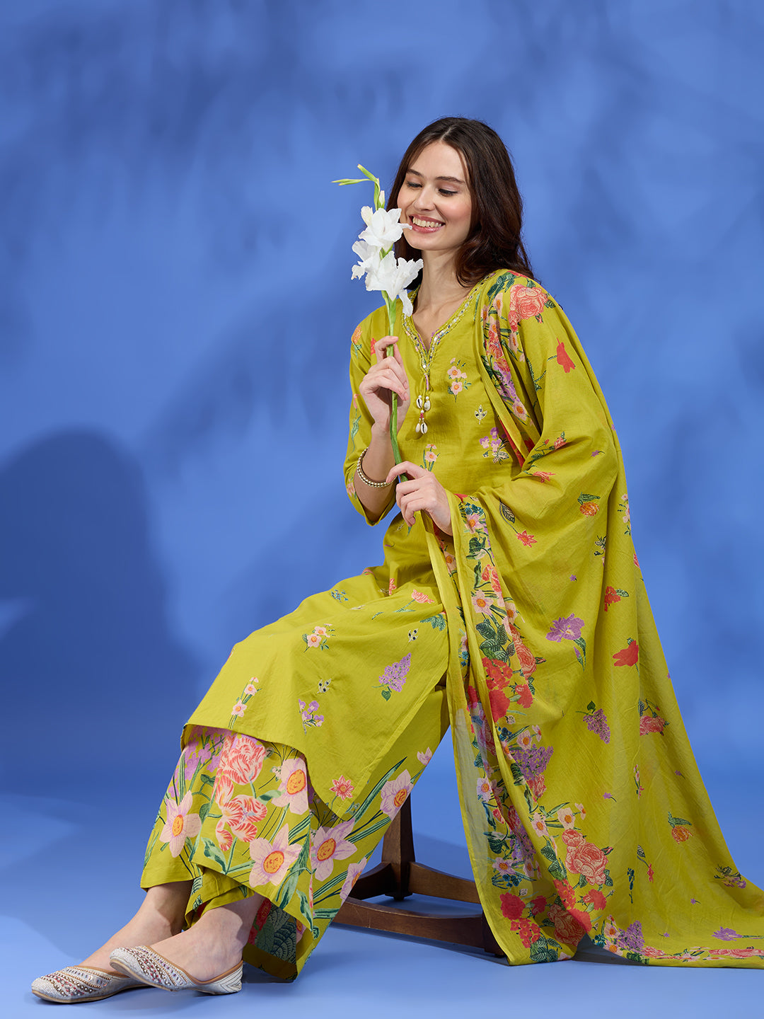 Floral Printed Straight Fit Kurta with Palazzo and Dupatta - Lime Green