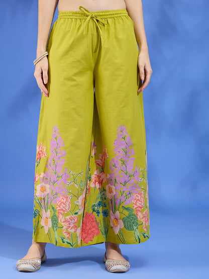 Floral Printed Straight Fit Kurta with Palazzo and Dupatta - Lime Green