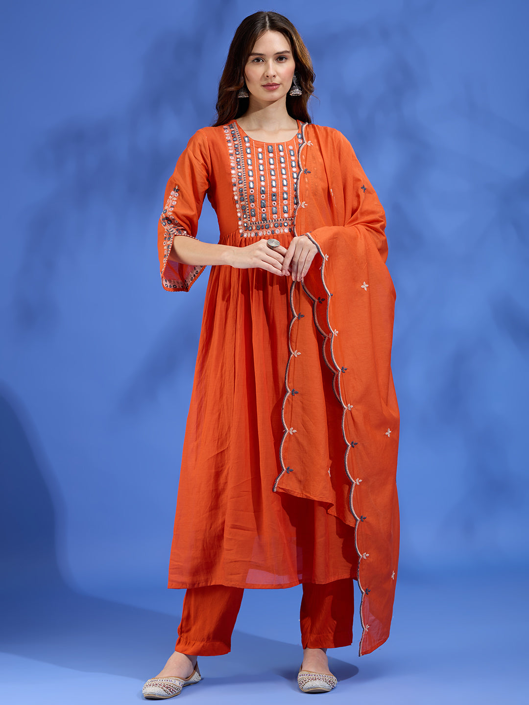 Festive Mirror Embroidered A-Line Pleated with Pant & Scalloped Dupatta - Orange