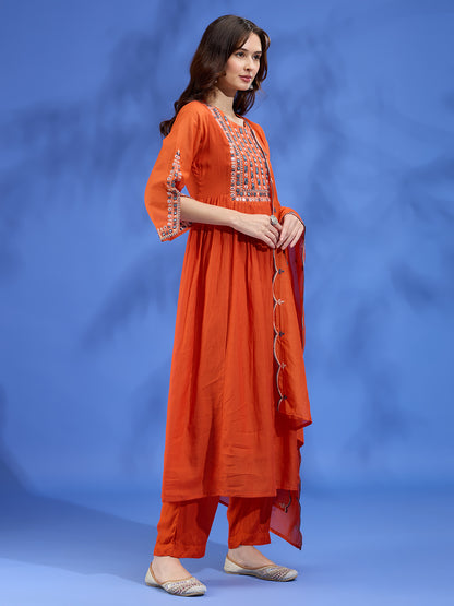 Festive Mirror Embroidered A-Line Pleated with Pant & Scalloped Dupatta - Orange