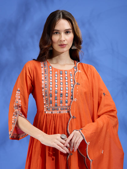 Festive Mirror Embroidered A-Line Pleated with Pant & Scalloped Dupatta - Orange