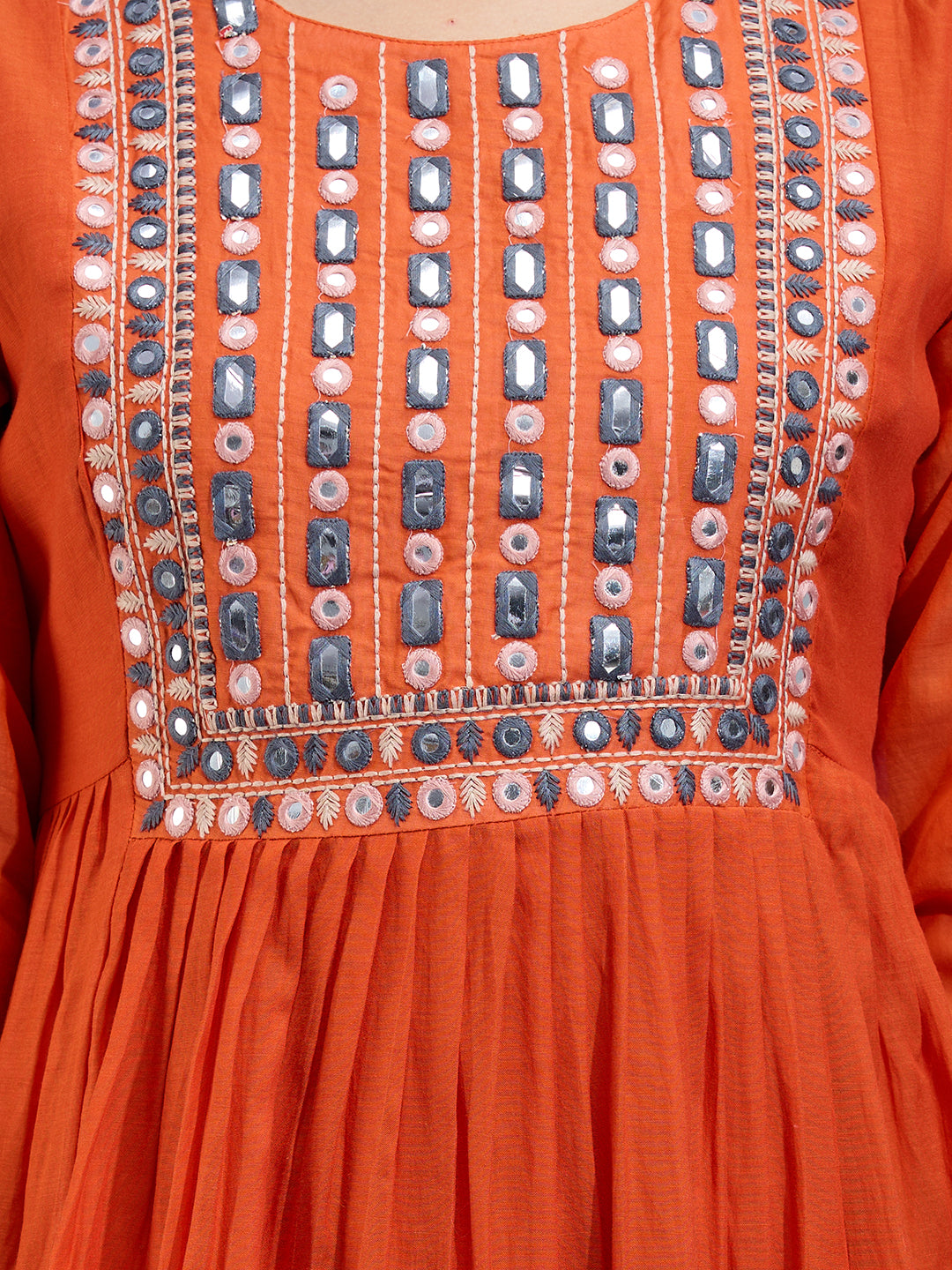 Festive Mirror Embroidered A-Line Pleated with Pant & Scalloped Dupatta - Orange