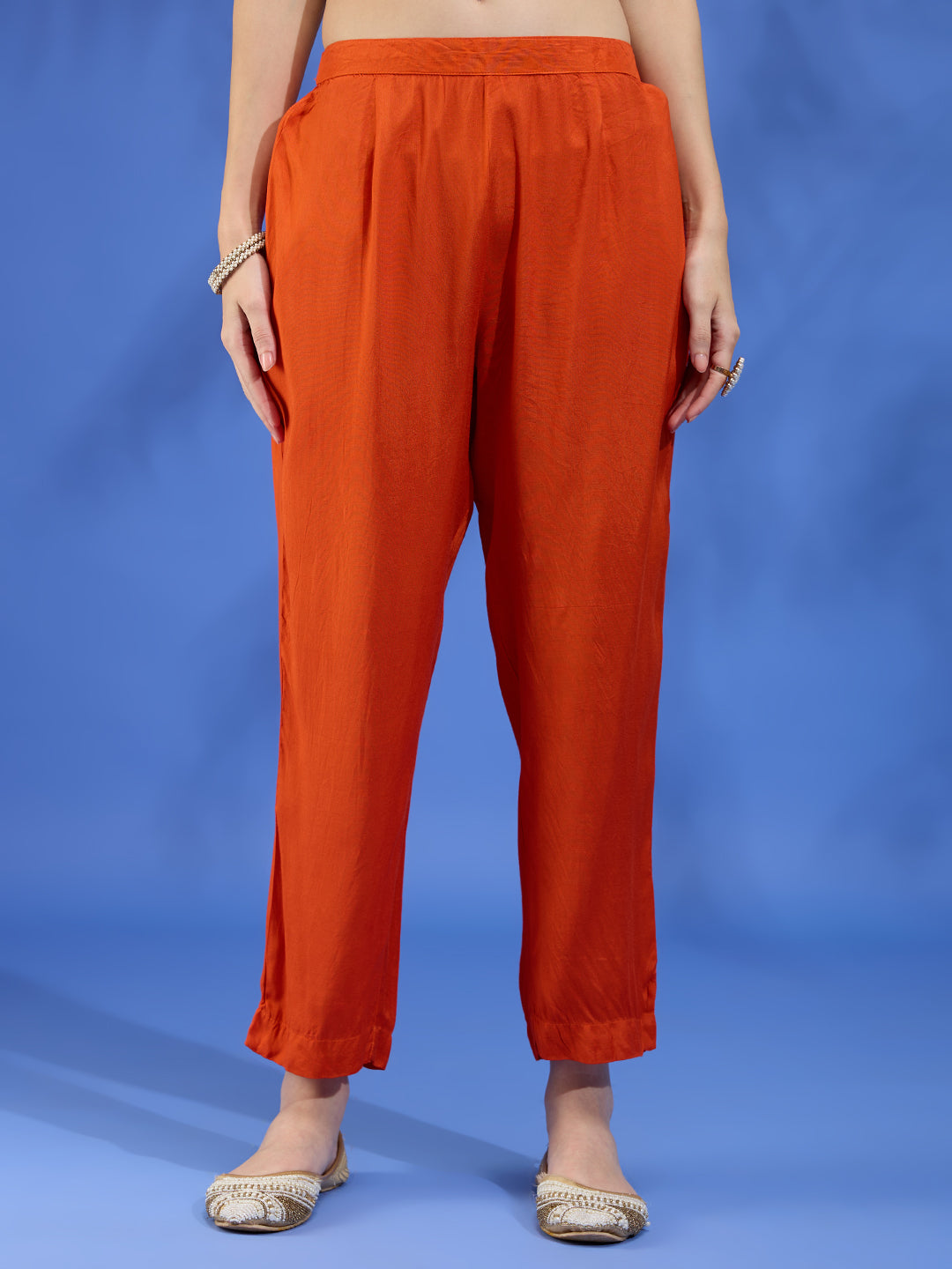 Festive Mirror Embroidered A-Line Pleated with Pant & Scalloped Dupatta - Orange