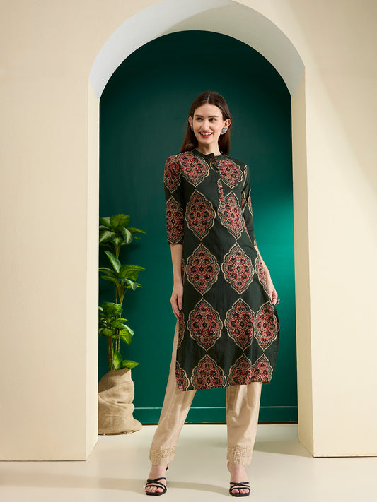 Floral Printed Straight Fit Kurta - Green