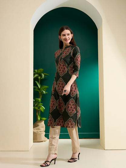 Floral Printed Straight Fit Kurta - Green