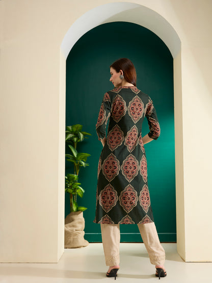 Floral Printed Straight Fit Kurta - Green