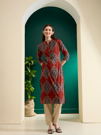 Floral Printed Straight Fit Kurta - Red