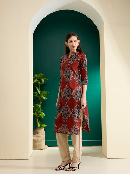 Floral Printed Straight Fit Kurta - Red