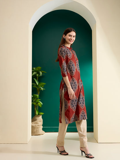 Floral Printed Straight Fit Kurta - Red