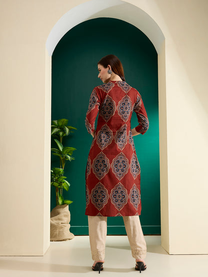 Floral Printed Straight Fit Kurta - Red