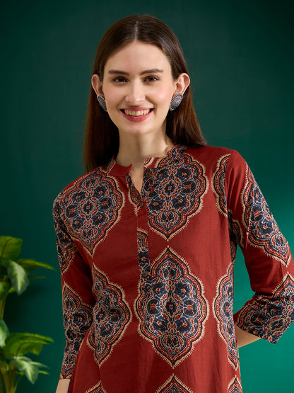 Floral Printed Straight Fit Kurta - Red