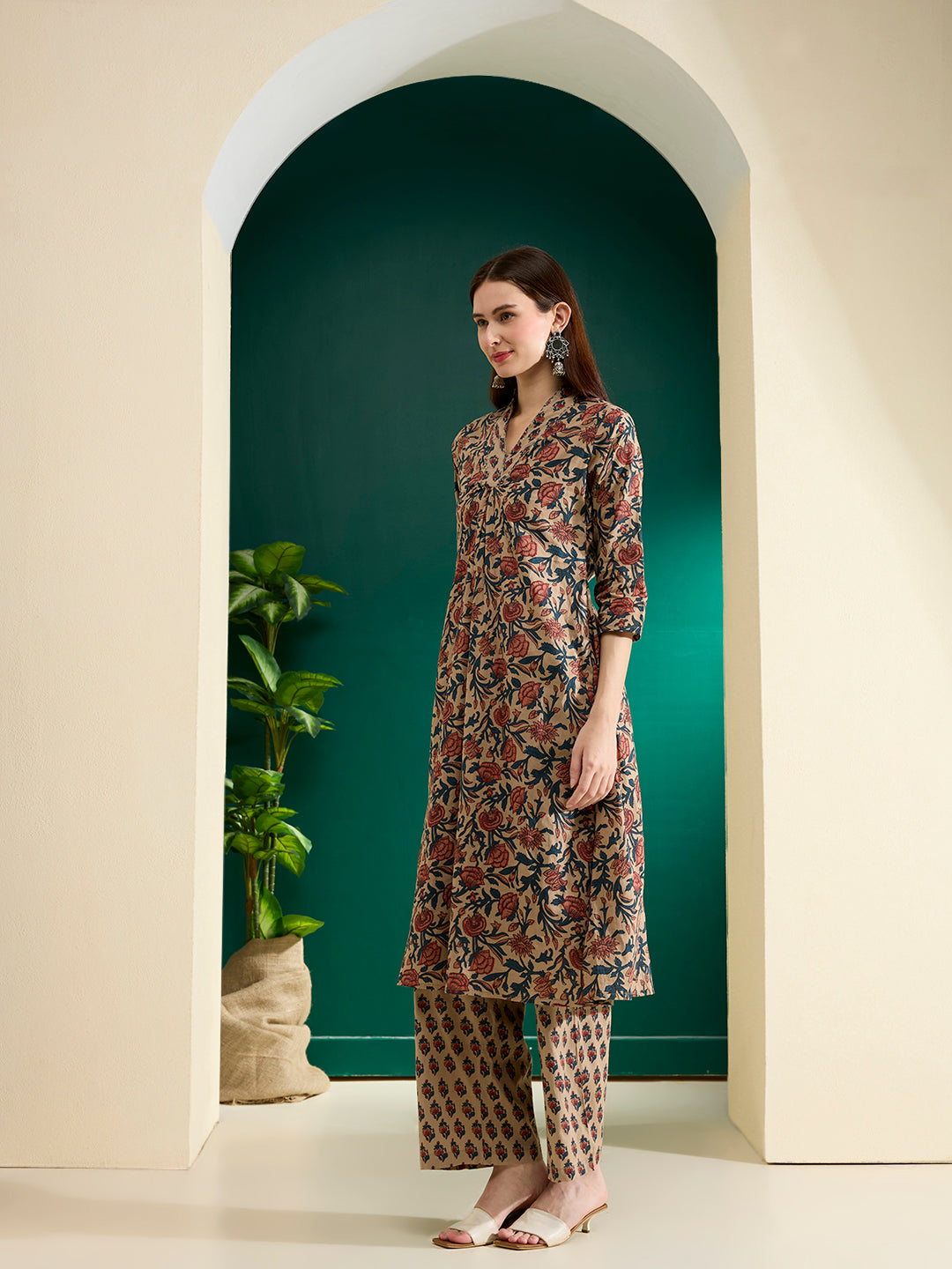 Ethnic Floral Printed A-Line Pleated Co-ord Set - Beige