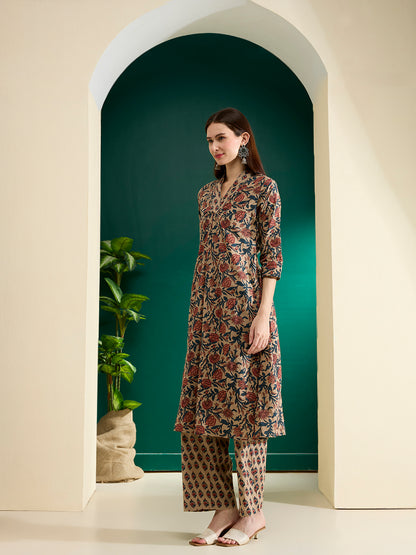 Ethnic Floral Printed A-Line Pleated Co-ord Set - Beige