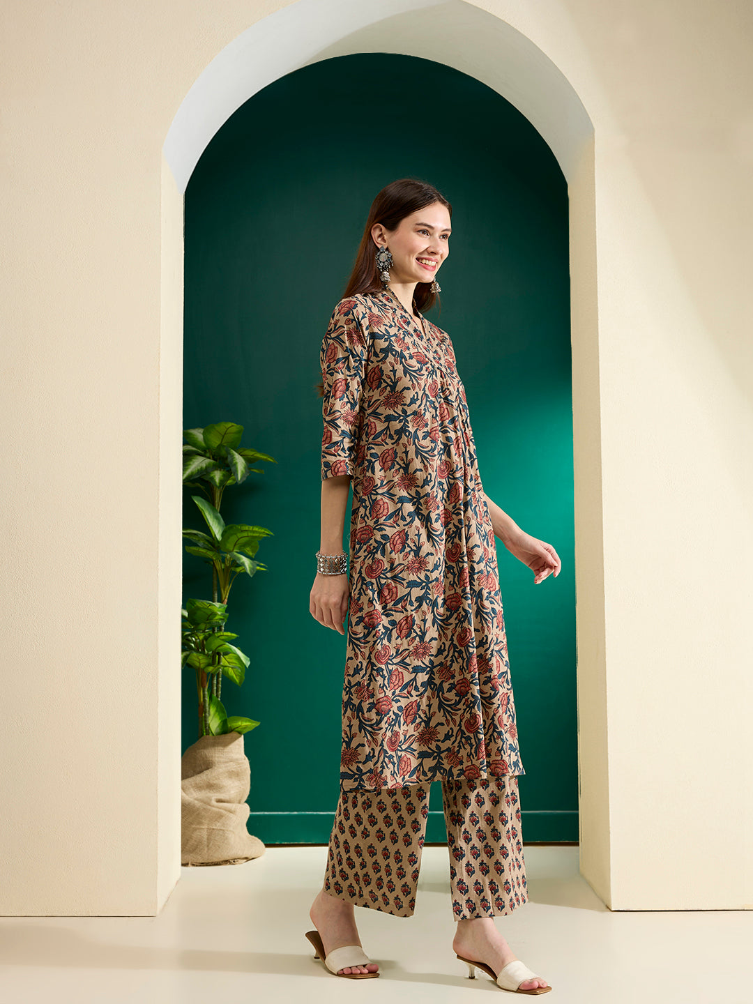 Ethnic Floral Printed A-Line Pleated Co-ord Set - Beige