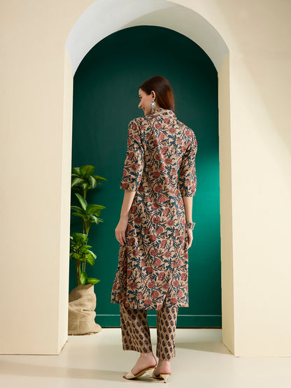 Ethnic Floral Printed A-Line Pleated Co-ord Set - Beige