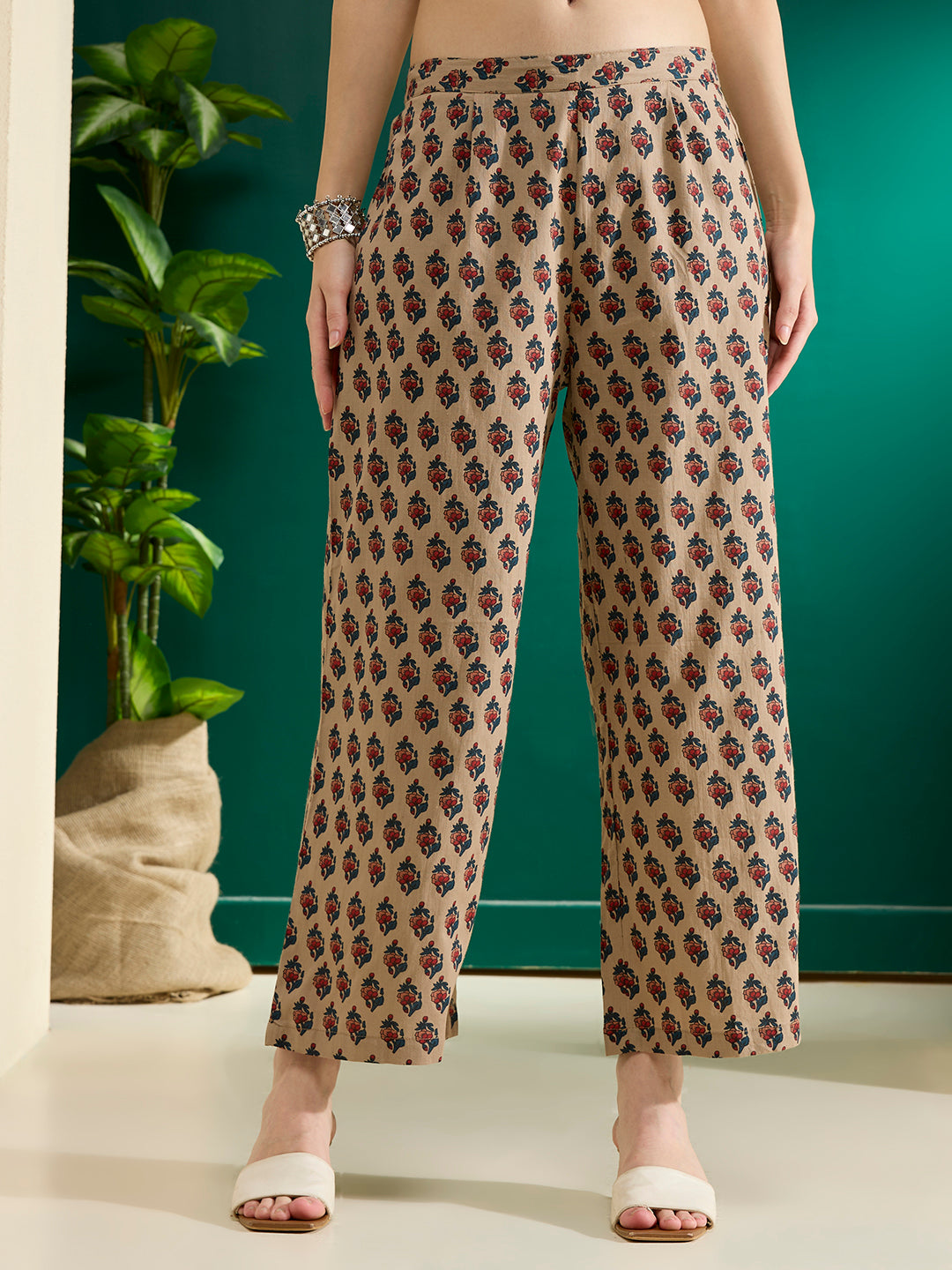 Ethnic Floral Printed A-Line Pleated Co-ord Set - Beige