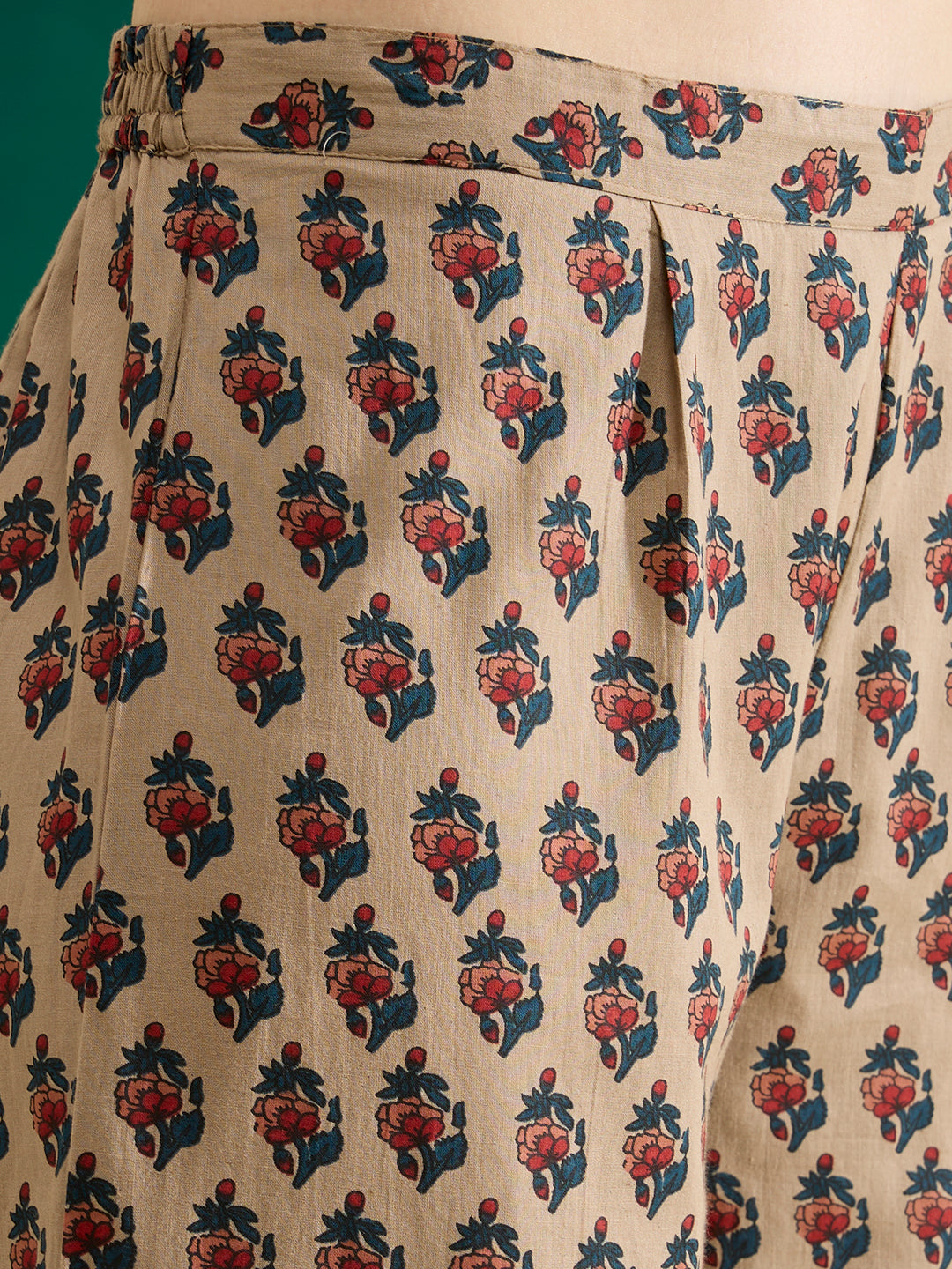 Ethnic Floral Printed A-Line Pleated Co-ord Set - Beige