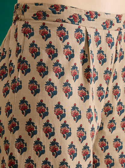 Ethnic Floral Printed A-Line Pleated Co-ord Set - Beige