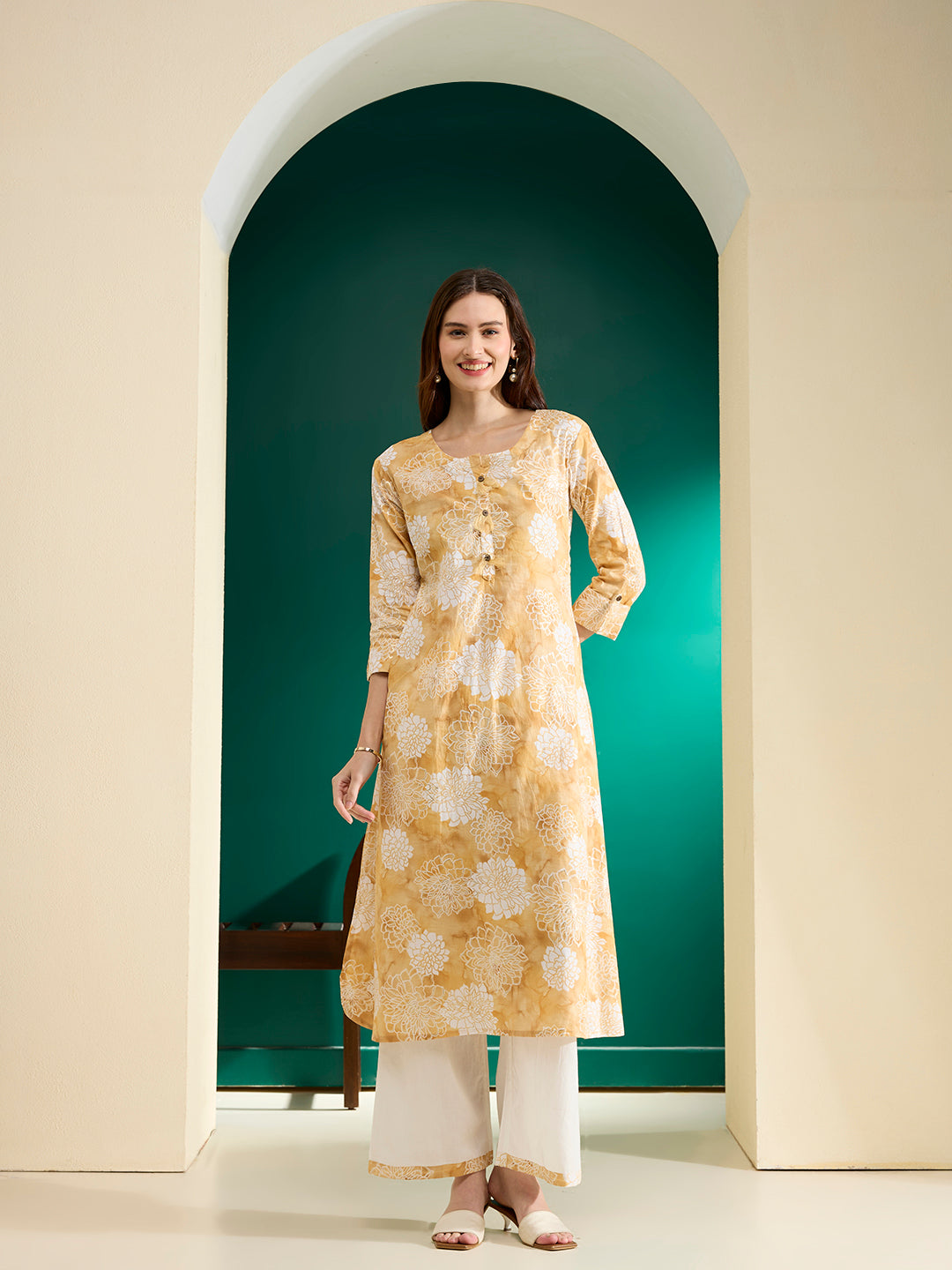 Abstract Floral Foil Printed A-Line Kurta with Palazzo - Mustard