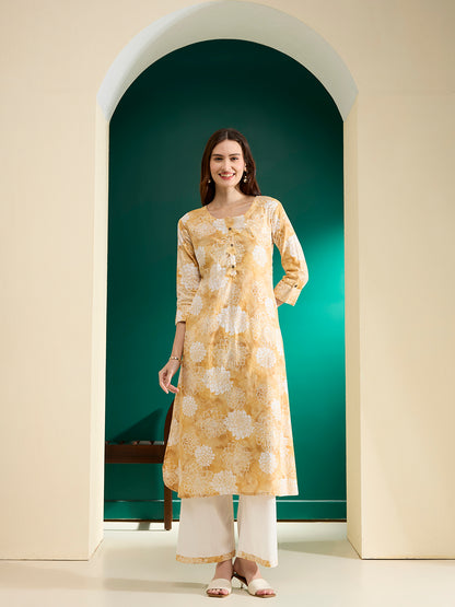 Abstract Floral Foil Printed A-Line Kurta with Palazzo - Mustard