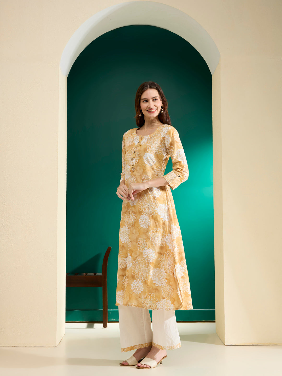 Abstract Floral Foil Printed A-Line Kurta with Palazzo - Mustard