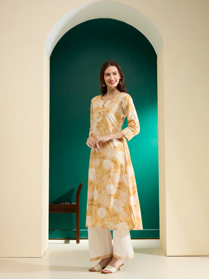 Abstract Floral Foil Printed A-Line Kurta with Palazzo - Mustard