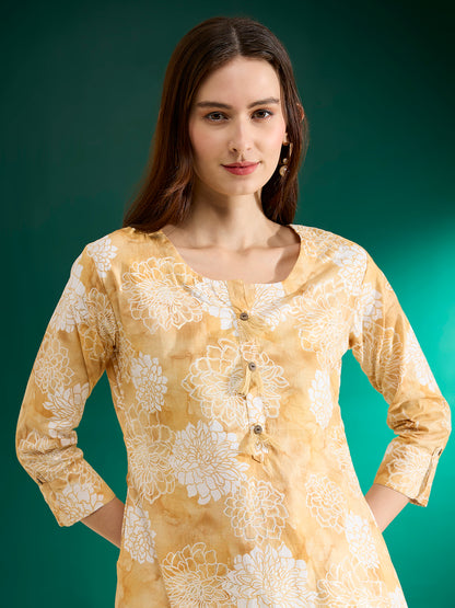 Abstract Floral Foil Printed A-Line Kurta with Palazzo - Mustard
