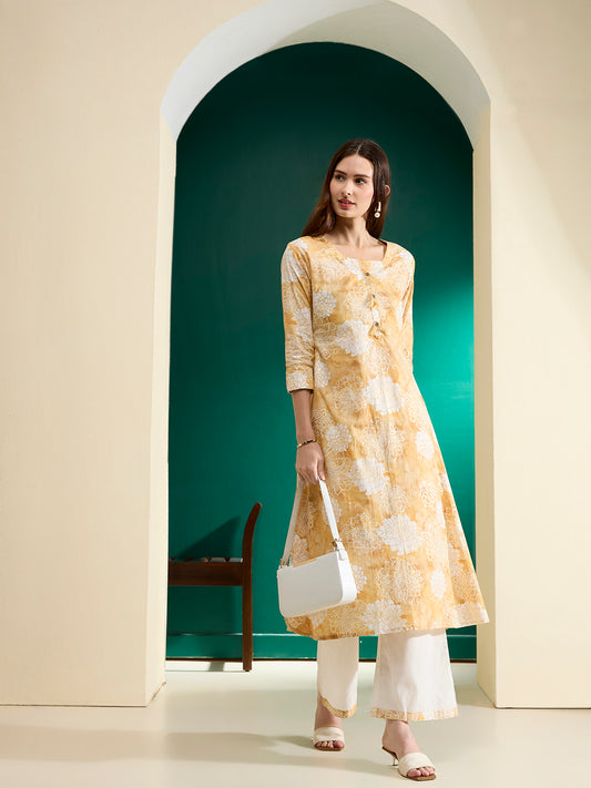 Abstract Floral Foil Printed A-Line Kurta with Palazzo - Mustard
