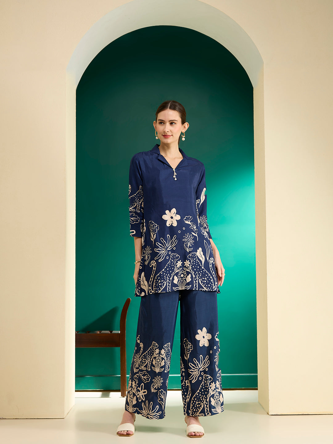 Abstract Floral Printed Straight Fit Co-ord Set - Blue