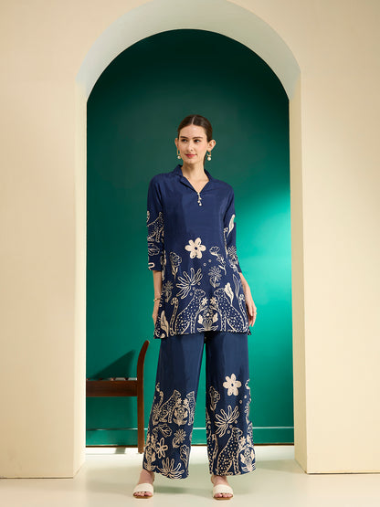 Abstract Floral Printed Straight Fit Co-ord Set - Blue