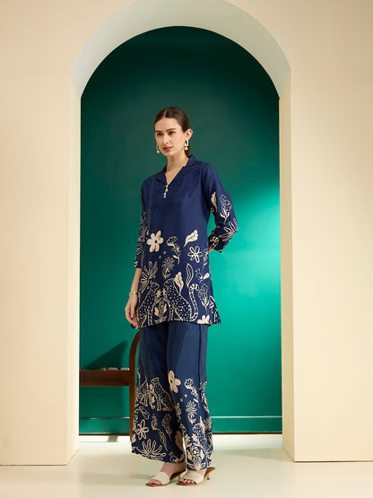 Abstract Floral Printed Straight Fit Co-ord Set - Blue