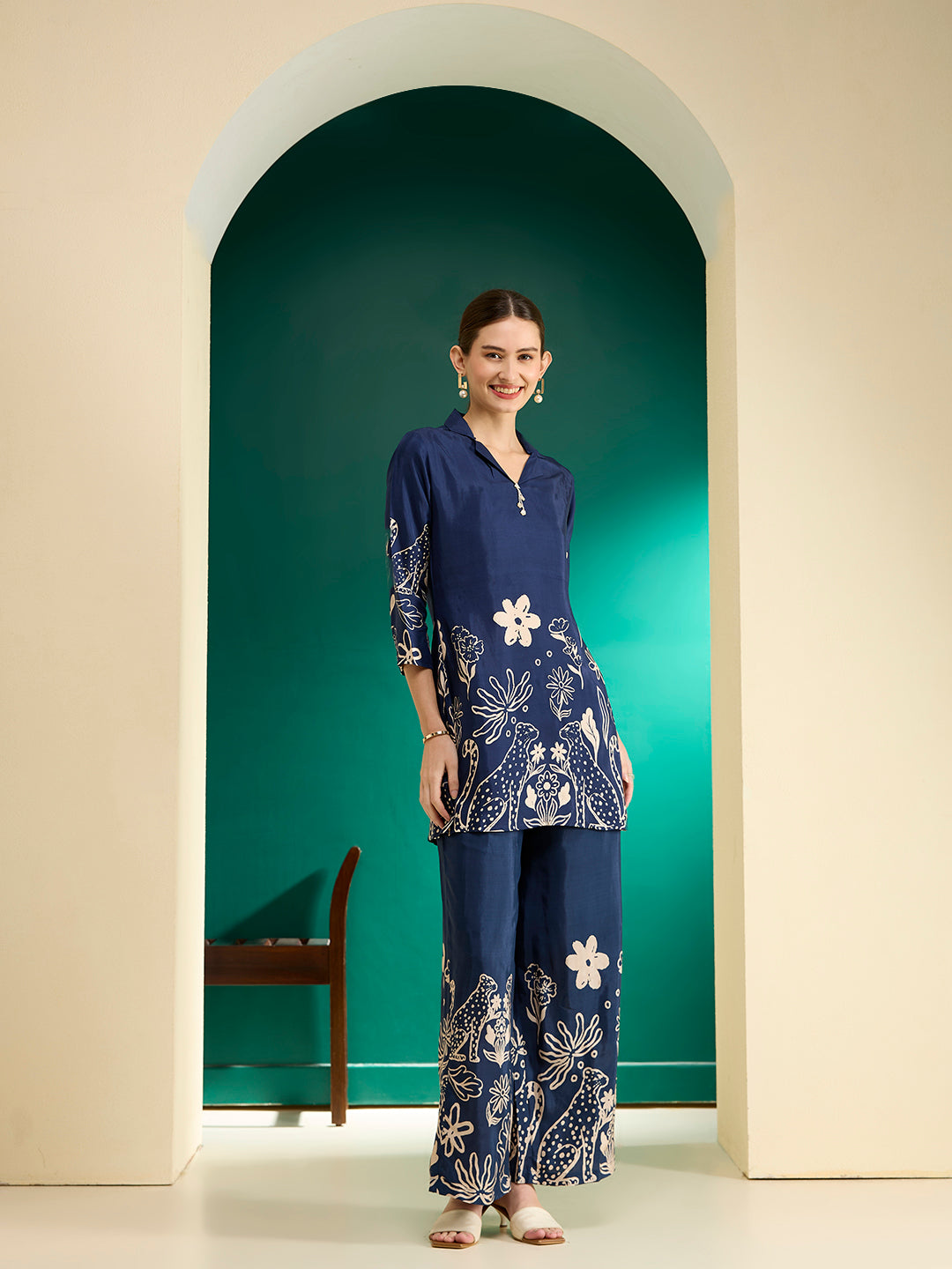 Abstract Floral Printed Straight Fit Co-ord Set - Blue