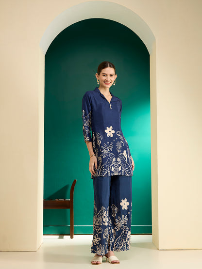 Abstract Floral Printed Straight Fit Co-ord Set - Blue