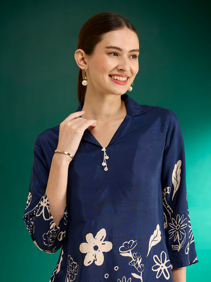 Abstract Floral Printed Straight Fit Co-ord Set - Blue