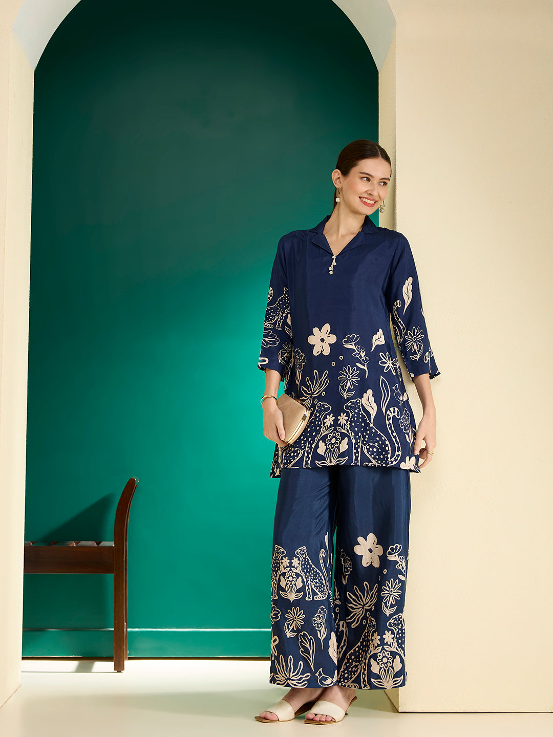 Abstract Floral Printed Straight Fit Co-ord Set - Blue