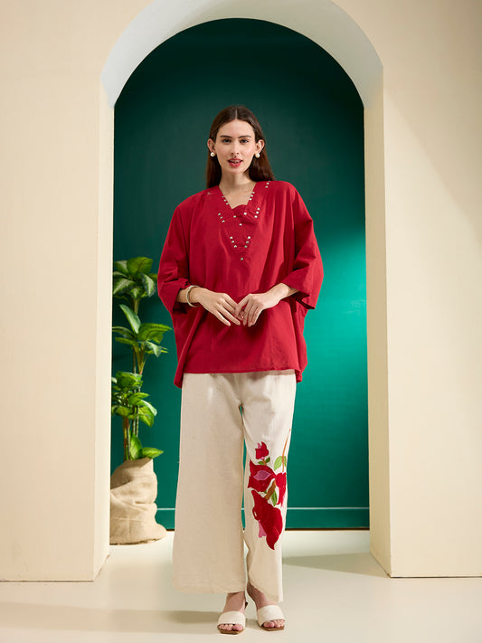 Solid Kaftan Kurta with Abstract Patchwork Palazzo - Red