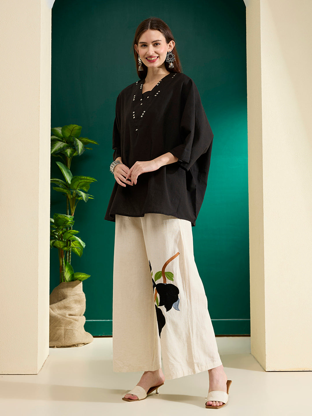 Solid Kaftan Kurta with Abstract Patchwork Palazzo - Black