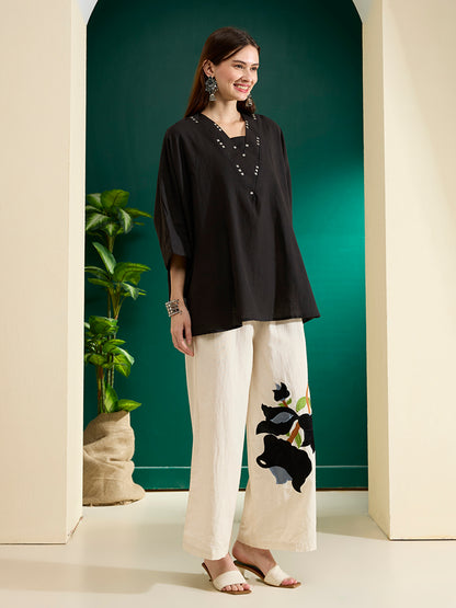 Solid Kaftan Kurta with Abstract Patchwork Palazzo - Black